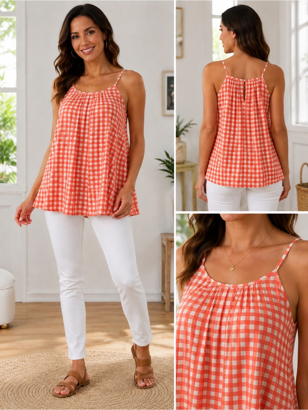 CeCe Gingham M Coral and White Flowy Sleeveless Camisole Blouse Top - NWT